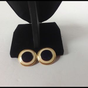 Vintage Blue Gold Earrings Cream Round Clip Enamel